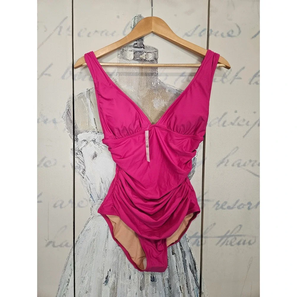 NWT J.Crew Ruched V-Neck One-Piece Swimsuit 6 Pink Razzberry BC116